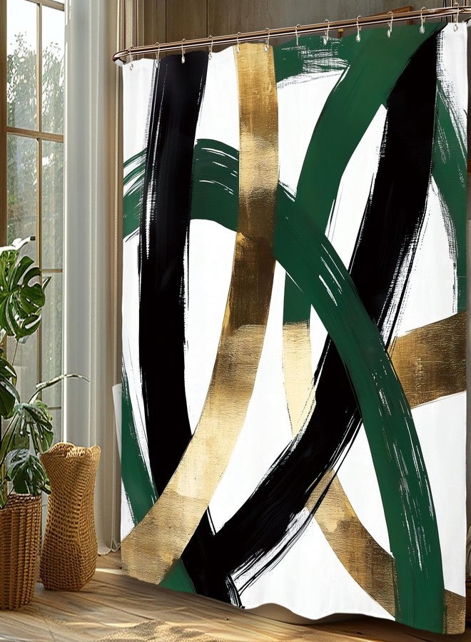 Miyotaa Abstract Emerald Green Gold Shower Curtain Set 60Wx71H Inches Minimalist Aesthetic Modern Contemporary Geometric Line Meutral Polyester Waterproof Bathroom Curtain with 12 Hooks - Image 4